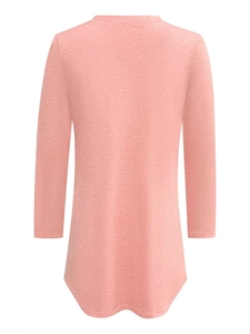 Rear view of long sleeve V-neck top in heather pink with a curved hem design