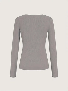 Back view of gray-purple slim-fit long sleeve top showing fine ribbed knit texture
