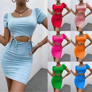 Abito Mini in Maglia a Costine Sexy da Donna Scollo Quadrato Maniche a Sbuffo Coulisse Cut-out Bodycon Slim Fit Abito Corto Casual Festa