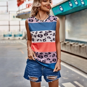 Women's leopard and stripe sleeveless tank top with trendy distressed denim shorts