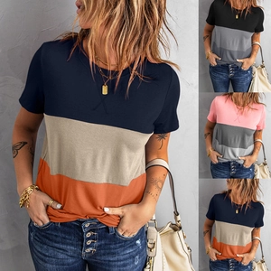 Women's Casual Color Block Short Sleeve T-Shirt Summer Crew Neck Patchwork Cotton Blend Loose Top Fashion Daily Clothing