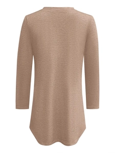 Detail view of mocha coffee long sleeve top featuring a curved hem and ribbed texture