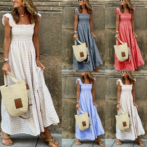 Collage of smocked gingham maxi dresses with ruffled square neckline in multiple colors