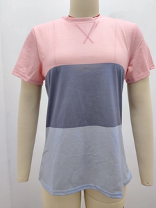 Close-up of color-block t-shirt with pink, grey, and blue stripes and V-stitch neckline