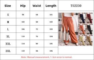 Tabella taglie con misure di fianchi, vita e lunghezza per pantaloni larghi da donna