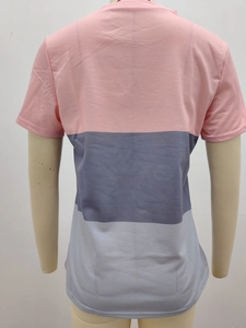 Detail of color-block crew neck short sleeve tee featuring pink and grey panels back view