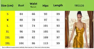 Tableau des tailles détaillé pour robe longue satinée avec mesures précises S à 3XL