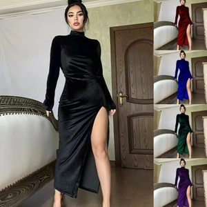 Women's High Neck Velvet Long Sleeve Ruched Maxi Dress Side Slit Slim Fit Elegant Bodycon Evening Party Long Gown