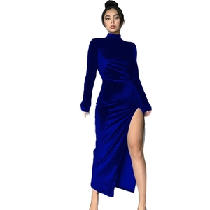Slim fit high neck royal blue velvet maxi dress with long sleeves and high side slit
