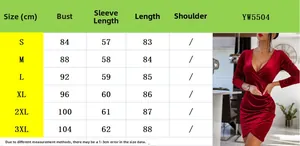 Size chart for V-neck velvet dress showing bust and sleeve length in centimeters