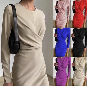 Elegante Abito Midi a Maniche Lunghe in Stile Francese Vintage Donna Vestibilità Slim Vita Alta Increspato Bodycon Ufficio Pendolare