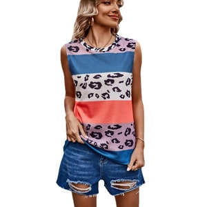 Sleeveless leopard print color block tank top for women with bohemian summer stripes