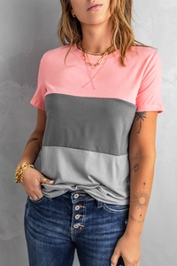 Detail of color-block short-sleeve T-shirt with decorative cross stitching at the neckline