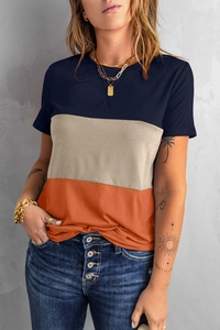 Women's casual short sleeve t-shirt with navy, beige and orange color-block design