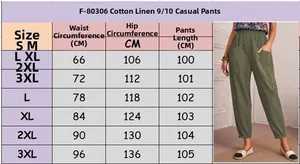 Detailed size guide and measurements chart for women's linen cropped casual pants