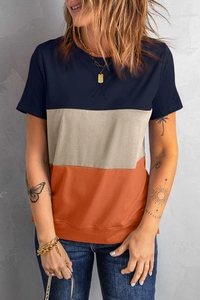 Detail of color block short sleeve t-shirt featuring navy, khaki and orange panels