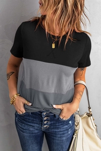 Women's casual short sleeve T-shirt with black and grey color block stripe design
