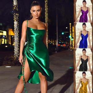 Robe Midi Femme Sexy en Satin Col Bénitier Bretelles Spaghetti Fronces Latérales Fente Haute Élégante Robe de Soirée Club
