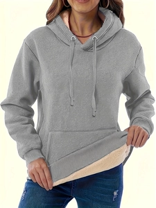 Damen-Kapuzenpullover in Grau mit Sherpa-Futter, Kängurutasche und Übergröße