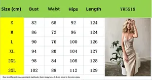 Size chart for the elegant satin V-neck backless slit dress showing S to 3XL measurements
