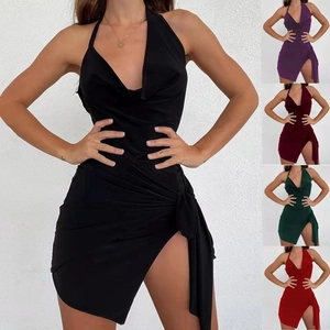 Women Sexy Halter V Neck Ruched Velvet Mini Dress Backless Sleeveless Side Slit Tie Party Club Evening Bodycon Dress