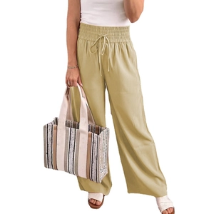 Pantaloni casual a gamba larga a vita alta da donna in kaki con coulisse ed elastico