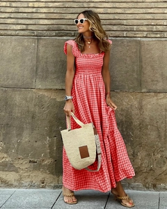 Red plaid maxi dress with smocked bodice, square neck and tiered skirt for summer