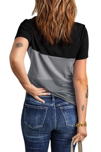 Women's casual short sleeve T-shirt with black and grey color block back design