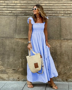 Summer blue gingham smocked maxi dress with square neck and tiered A-line silhouette