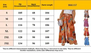 Detailed size chart for floral patchwork lounge pants including hip waist and length specs