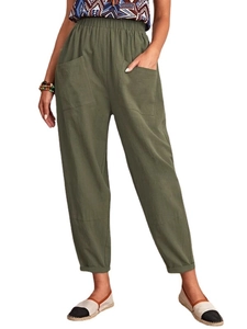 Women's olive green cotton linen tapered trousers with elastic waist and large pockets