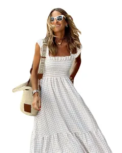 Plaid patchwork summer dress with square neck, elastic bust and tiered ruffle hemline