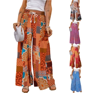 Bohemian Patchwork Floral Wide Leg Pants Women High Waist Elastic Drawstring Casual Loose Summer Beach Ethnic Trousers