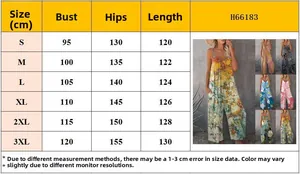 Detailed size chart for floral bohemian jumpsuits showing measurements from S to 3XL