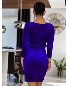 Detail of royal blue velvet dress showcasing the slim fit back design and fabric texture