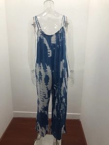 Detailed blue and white tie-dye jumpsuit featuring thin straps and wide-leg design