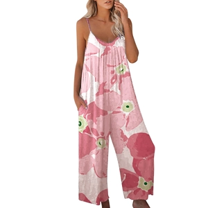 Detailed view of women's floral jumpsuit with spaghetti straps and wide-leg design