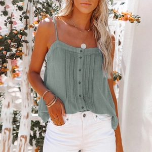Close-up of button-down denim camisole with texture pleats and sage green finish