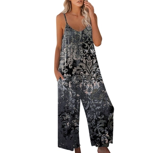 Detail of summer wide leg jumpsuit featuring spaghetti straps and vintage grey prints