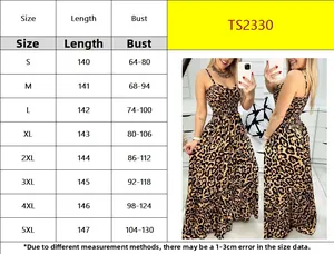Detailed size chart for leopard print v-neck maxi dress covering sizes S to 5XL