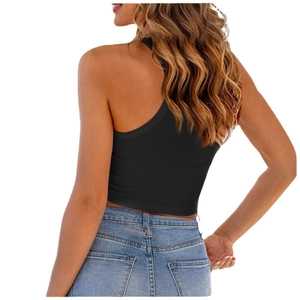 Women's black rib-knit cropped tank top with button details and racerback design