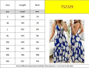 Size chart for women's halter maxi dress with bust and length measurements from S to 5XL