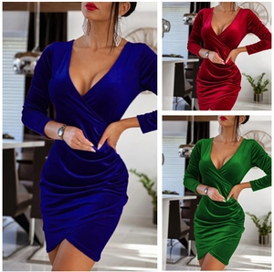 Women Sexy V Neck Velvet Long Sleeve Bodycon Dress Ruched Irregular Hem Solid Color Slim Fit Evening Party Cocktail Dress