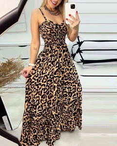 Detail of leopard print summer maxi dress featuring high waist smocked bodice and thin straps