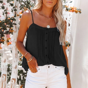 Detailed view of women's black button-front camisole with pleated cotton-linen fabric