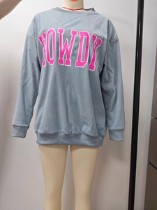 Détail d'un sweat bleu clair à côtes avec imprimé Howdy rose et col rond classique