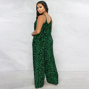 Side view of leopard print wide leg jumpsuit showing drapes and breathable fabric