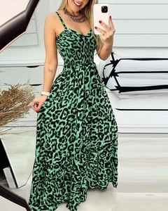 Green leopard print V-neck maxi dress with spaghetti straps and ruched waist detail