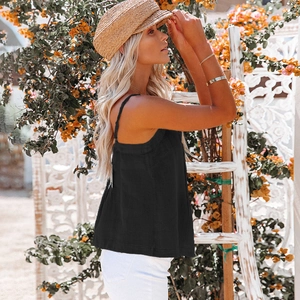 Detail of black square neck tank top with spaghetti straps in breathable linen texture