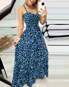 Summer leopard print V-neck maxi dress with spaghetti straps and high waist in blue and black